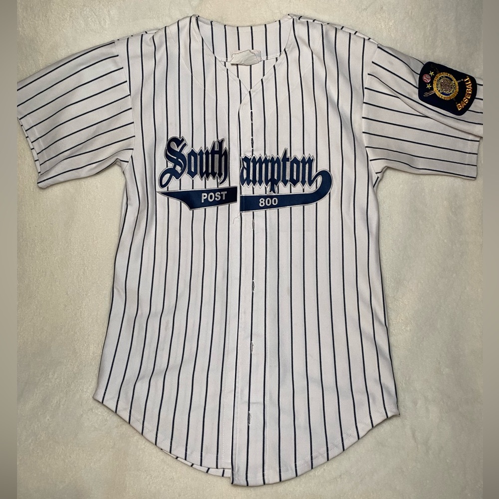 White and Navy Varsity Thrift Baseball Jersey